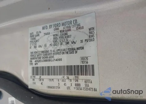 2006 Mercury Mountaineer Premier from USA, damaged, VIN 4M2EU38806UJ14095